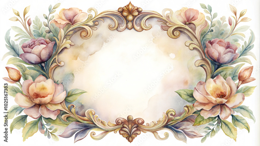 Luxurious floral frame with ornate details and soft watercolor blooms, artistic style, copy space Luxurious floral frame with ornate details and soft watercolor blooms, artistic style, copy space