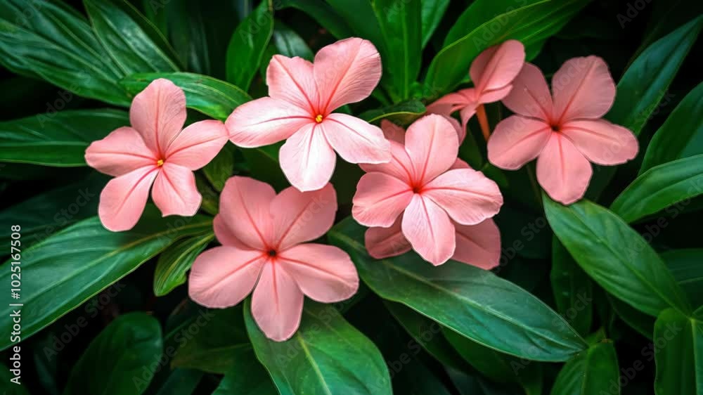 Pink flowers bloom amongst green leaves in a tropical garden Pink flowers bloom amongst green leaves in a tropical garden