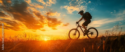 Silhouette of a cyclist riding a mountain bike at sunset.