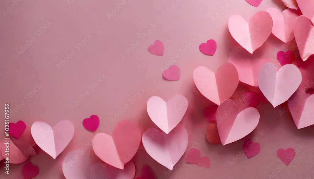 Colorful paper hearts scattered on a soft pink background for a romantic celebration or decoration in a cozy setting Colorful paper hearts scattered on a soft pink background for a romantic celebration or decoration in a cozy setting