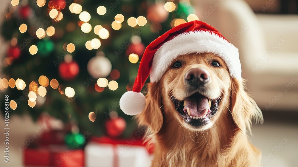 Cheerful Golden Retriever in Christmas Hat and Decor Cheerful Golden Retriever in Christmas Hat and Decor