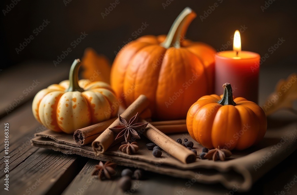 Autumn still life image with lit candles, pumpkins, and various spices on a rustic wooden background. Autumn still life image with lit candles, pumpkins, and various spices on a rustic wooden background.