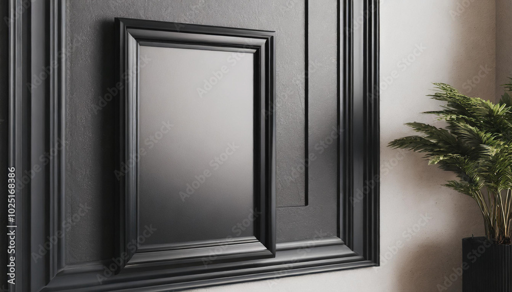 Elegant black wall with framed mirrors and decorative plant in a modern interior setting Elegant black wall with framed mirrors and decorative plant in a modern interior setting