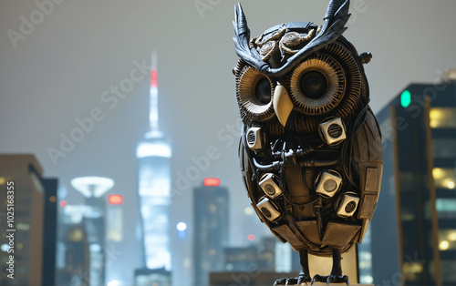 Mechanical Owl Overlooking Cityscape at Night. photo