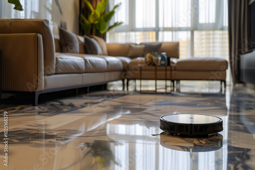 A robot vacuum is on the floor of a living room