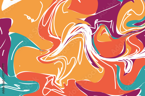 Colorful waves of orange, teal, and maroon twist and flow together, forming an abstract design that feels both lively and harmonious, with its organic movement and balanced tones.