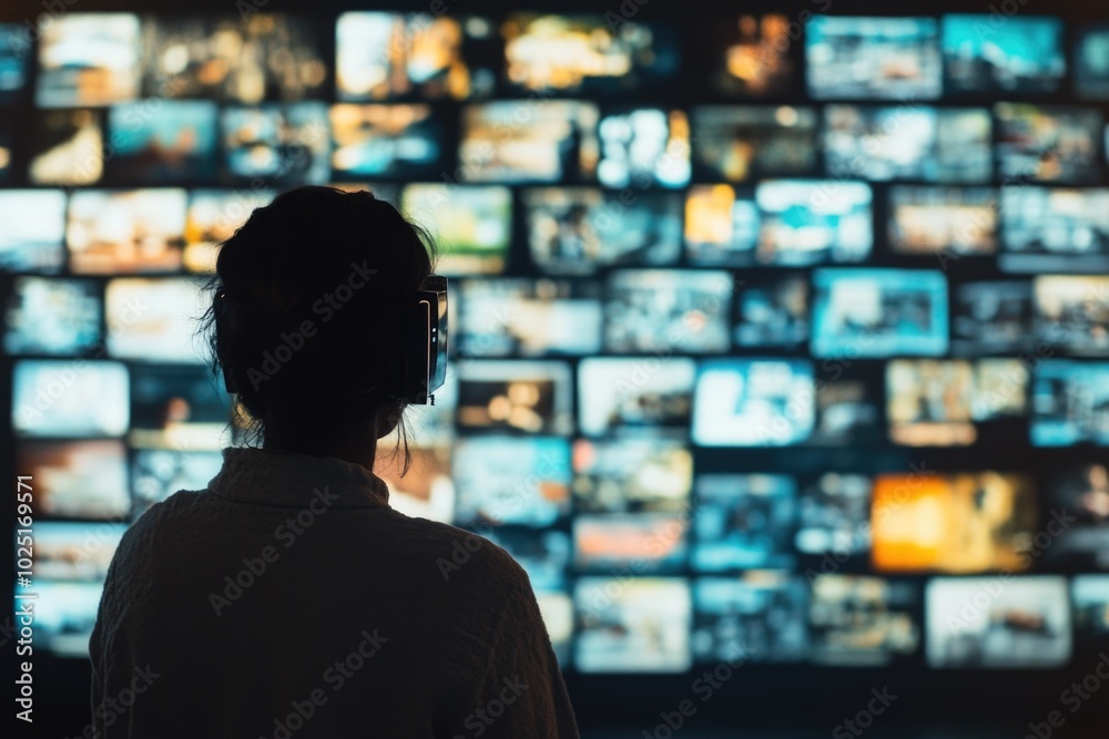 A individual standing before a wall of television sets, possibly waiting for their favorite show or looking at the news A individual standing before a wall of television sets, possibly waiting for their favorite show or looking at the news