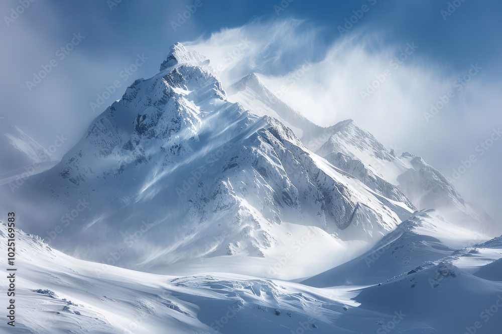 A snowy mountain range with a large peak in the background A snowy mountain range with a large peak in the background