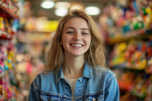 A happy woman is shopping in a store