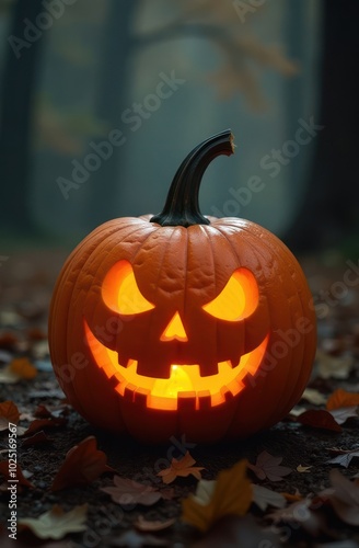 Close up view of scary Halloween pumpkin with eyes glowing inside at blurred forest background