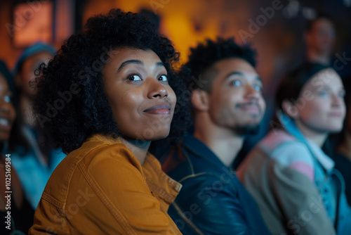 Friends enjoying a comedy show in a diverse group