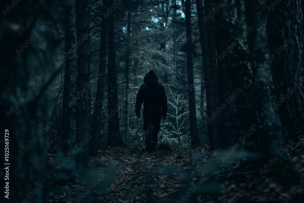 A person is walking through a dark forest A person is walking through a dark forest