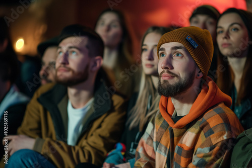 Friends enjoying a comedy show together in a diverse group