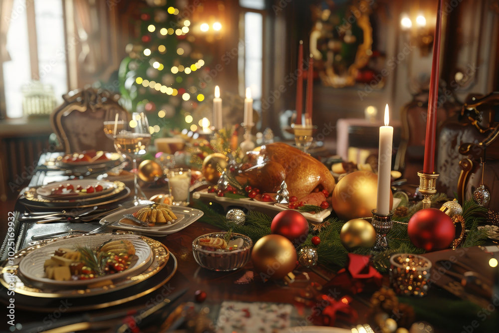 A table is set with a large turkey, a Christmas tree, and many other dishes A table is set with a large turkey, a Christmas tree, and many other dishes