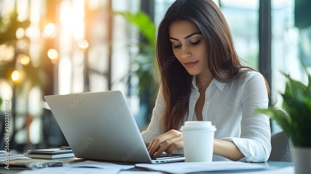 Focused Woman Working on Laptop in Office Focused Woman Working on Laptop in Office