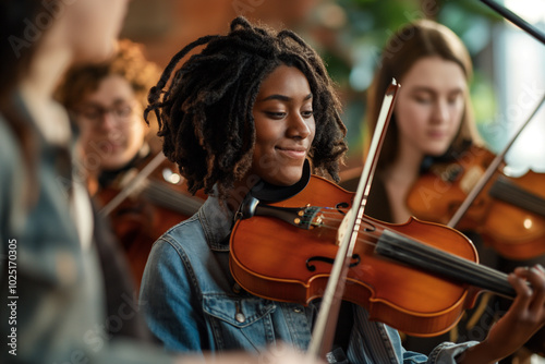 Diverse group of friends performing music together