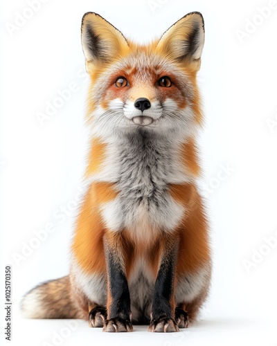 A red fox sitting on its hind legs, looking forward with alert eyes, isolated on white background 