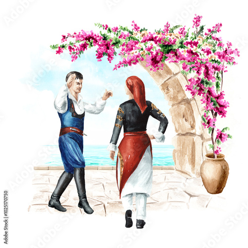Foto Traditional Greek folk Cretan dancers against the background of the Mediterranean sea