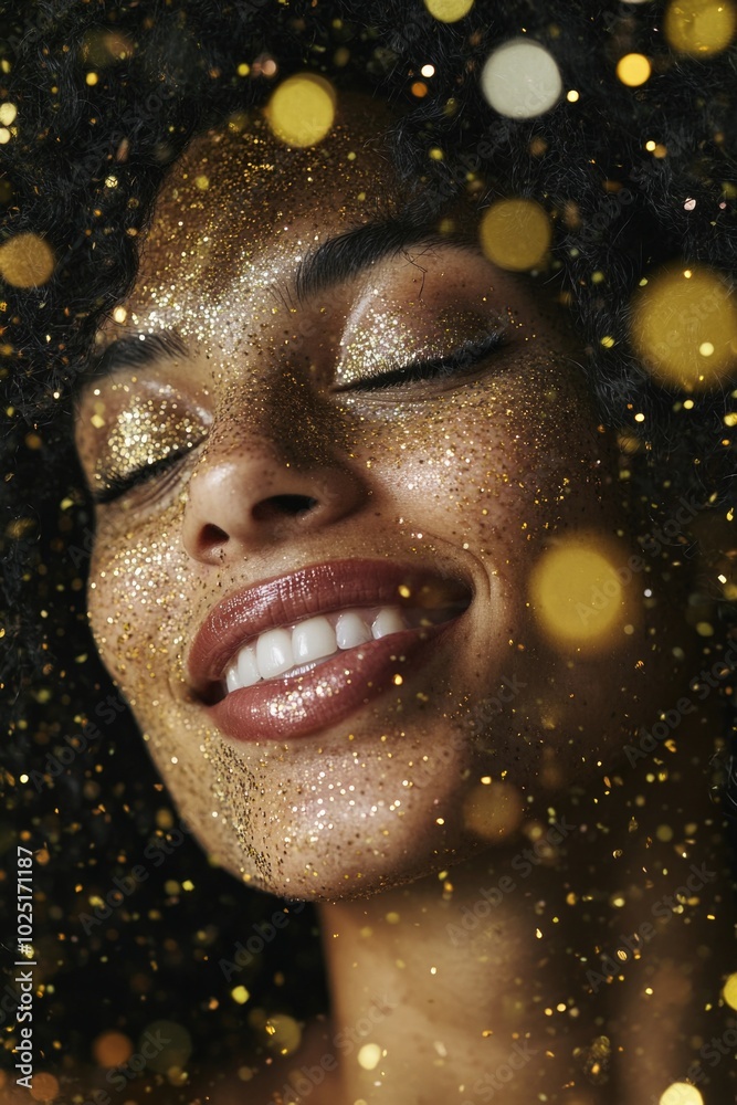 A woman with her eyes closed, wearing gold glitter on her face A woman with her eyes closed, wearing gold glitter on her face