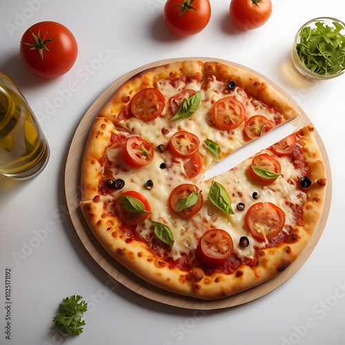 Delicious Pizza with cheese tomato fried Served on the table in white background