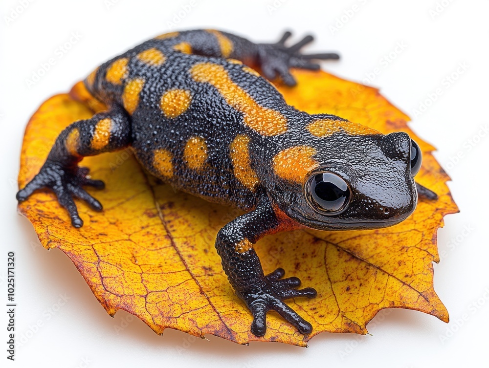 Obraz premium A salamander crawling slowly across a leaf, isolated on white background