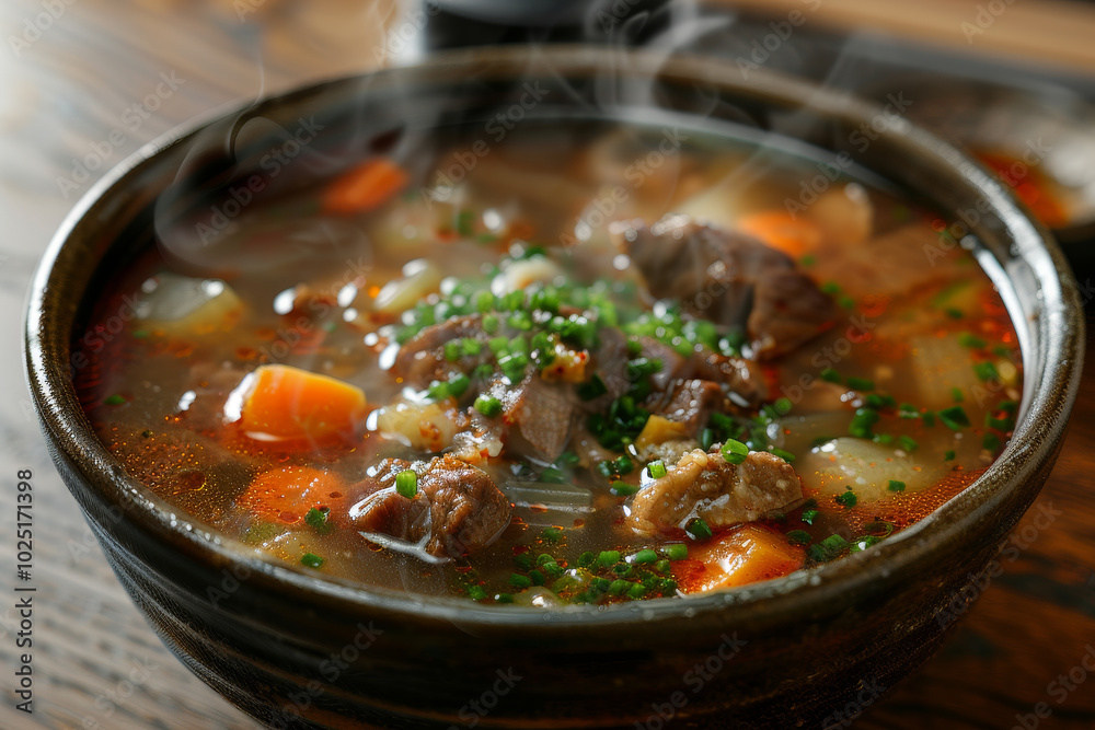 A bowl of soup with meat and vegetables in it A bowl of soup with meat and vegetables in it