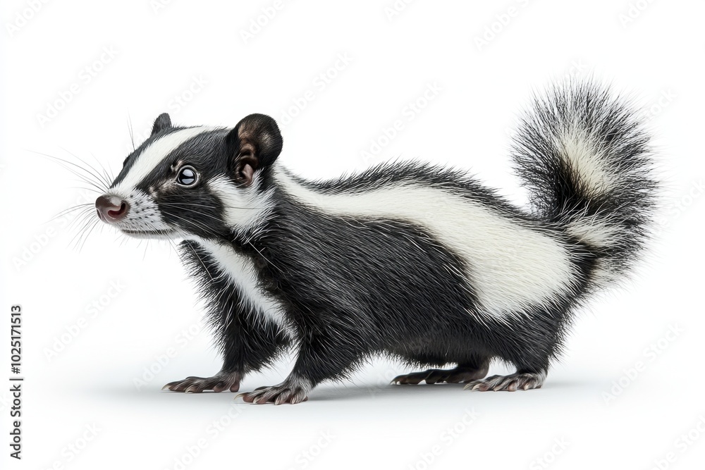 A skunk standing on its hind legs with its tail raised, isolated on white background A skunk standing on its hind legs with its tail raised, isolated on white background