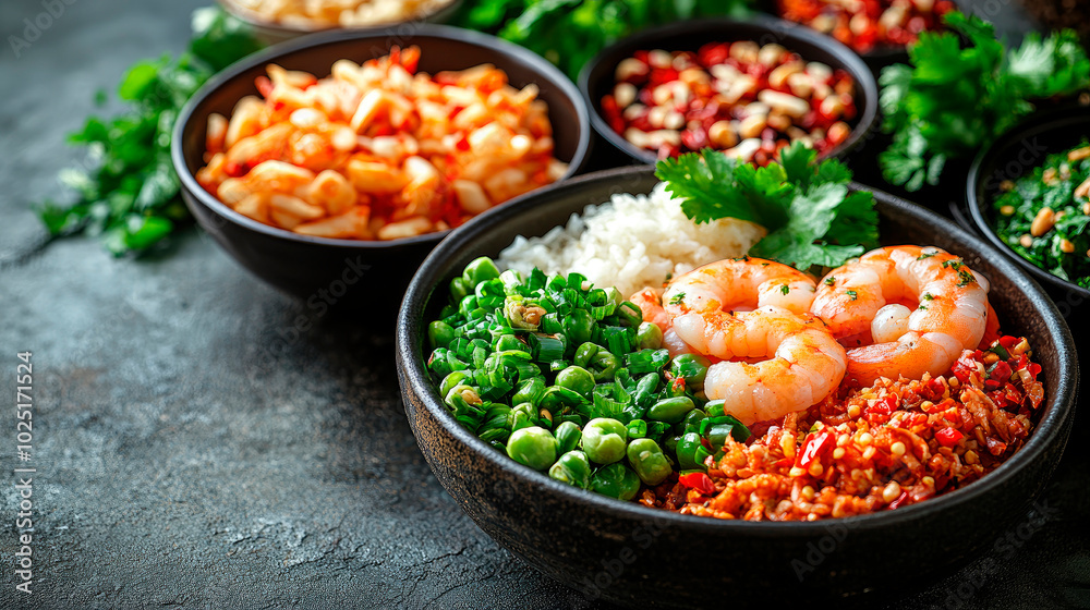 Asian food background with various ingredients on dark background.