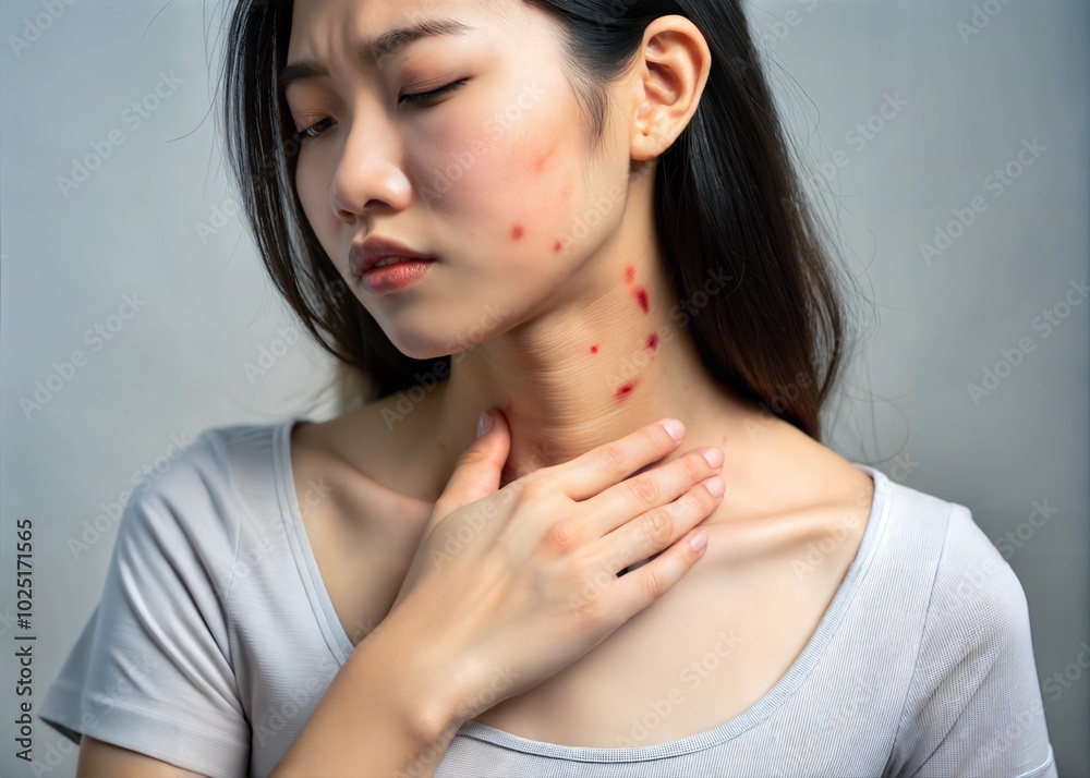 Young woman with skin irritation shows discomfort while touching her neck in a neutral-toned room during daylight. Generative AI Young woman with skin irritation shows discomfort while touching her neck in a neutral-toned room during daylight. Generative AI
