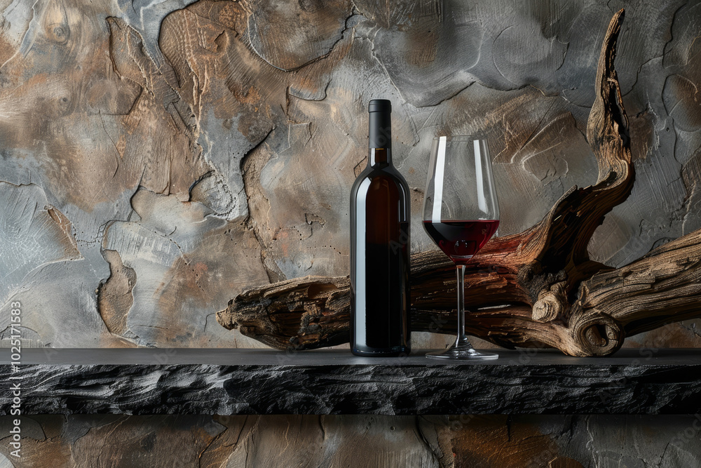 Fototapeta premium A bottle of wine and a wine glass are on a shelf next to a log