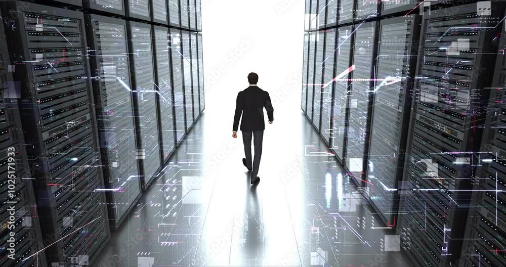 IT Engineer in a Suit Carefully Inspecting Data Center Equipment. Digital Data Is Flowing. Technology And Business Related 3D Computer Animation. IT Engineer in a Suit Carefully Inspecting Data Center Equipment. Digital Data Is Flowing. Technology And Business Related 3D Computer Animation.