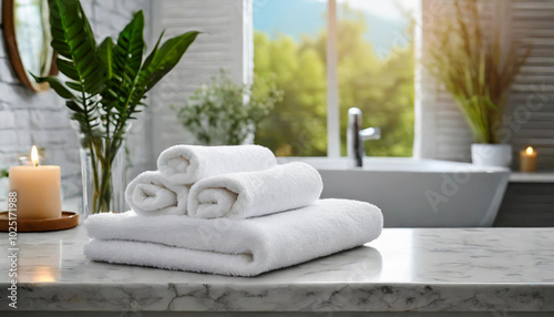 Relaxing bathroom setup featuring neatly stacked towels, soothing candlelight, and greenery during daylight hours