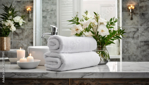 Elegant bathroom setup featuring fresh flowers, soft towels, and soothing candles for a relaxing atmosphere