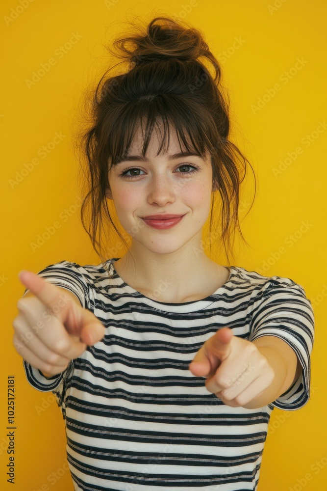 A young woman points her finger at the camera lens A young woman points her finger at the camera lens