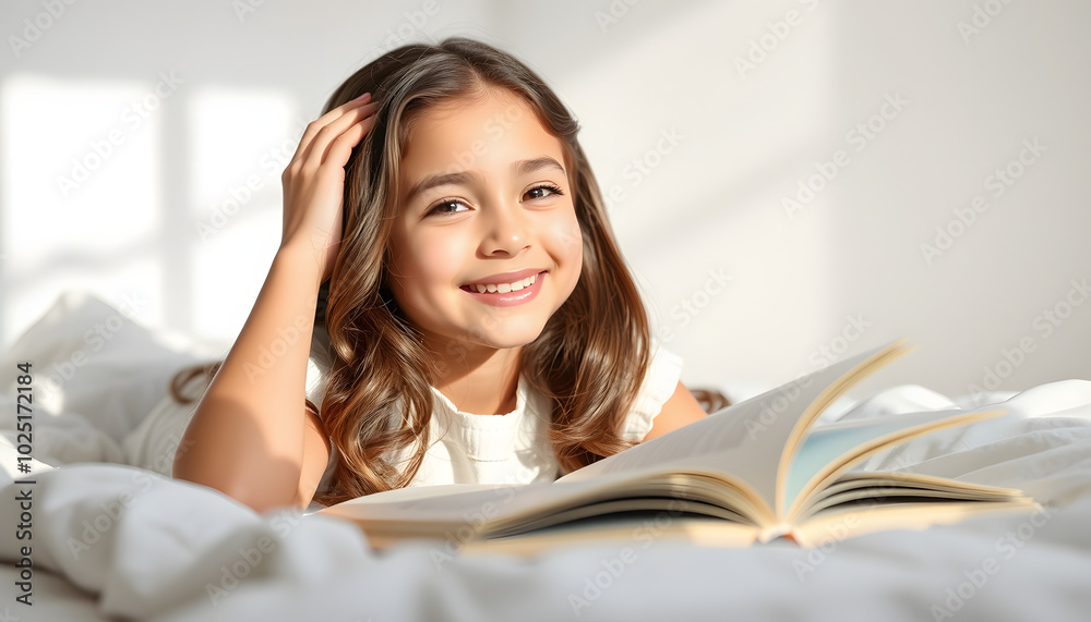 Photo of positive smiling girl lying bed touch hair read book in day light white room isolated with white highlights, png