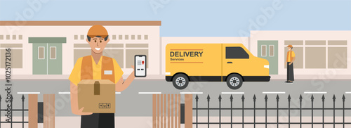 Courier delivering package. Courier in front of home. Delivery truck. Goods delivery services. Courier with package. Free delivery services.