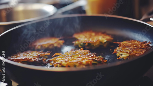 Golden latkes frying in a pan for Hanukkah celebration photo