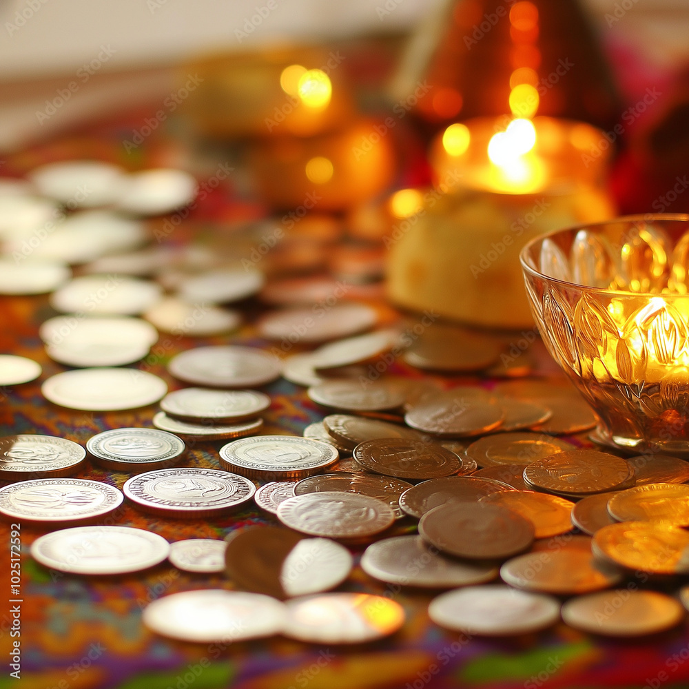 Gold coins and candlelight creating warm festive ambiance Gold coins and candlelight creating warm festive ambiance