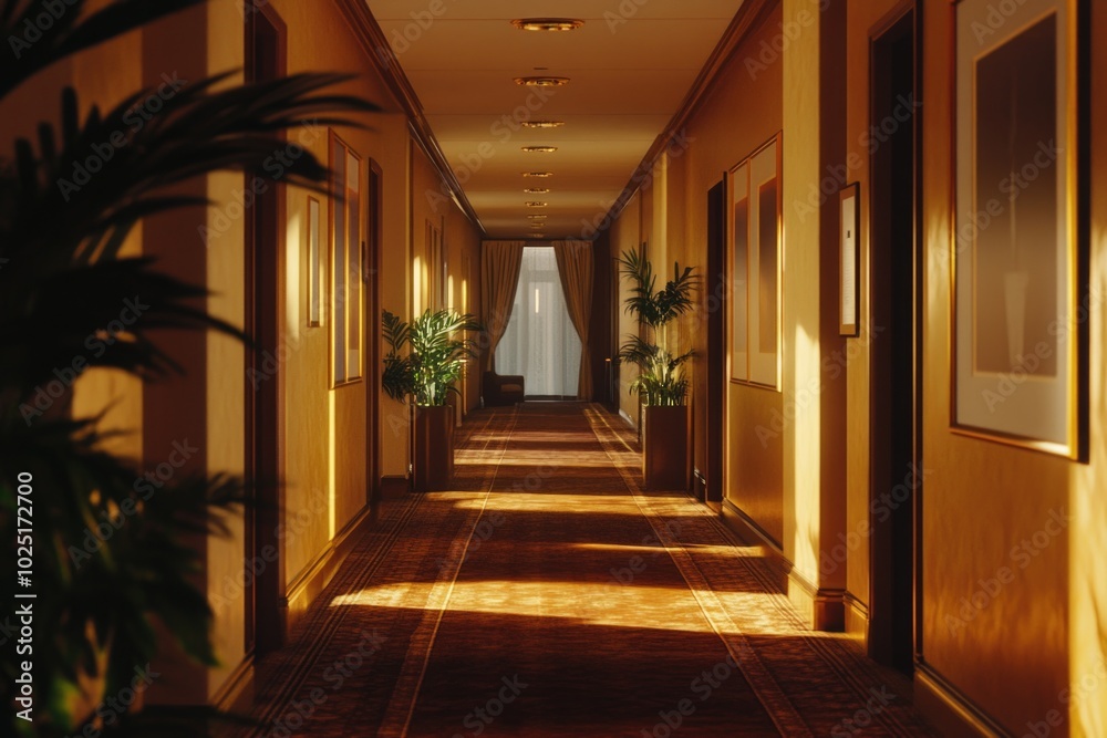 A long hallway with a single potted plant in the middle, ideal for use in interior design or architecture settings A long hallway with a single potted plant in the middle, ideal for use in interior design or architecture settings