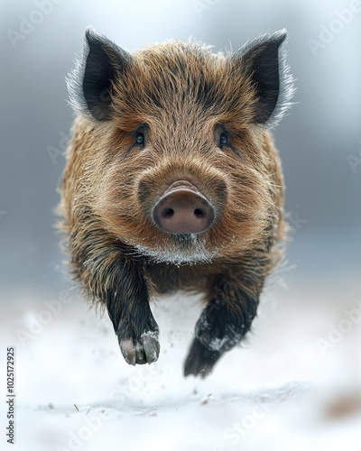 A wild boar running with its head low to the ground, isolated on white background 