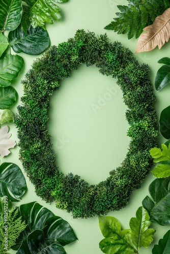 Green leaves arranged in an oval shape on a light background.