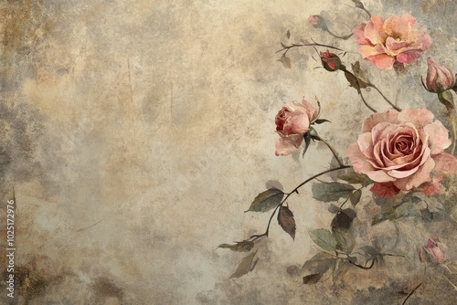 Aged vintage paper background with blooming pink roses and soft texture.
