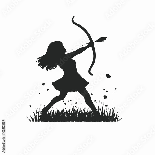 A young girl with long hair silhouetted against a white background, holding a bow and arrow and surrounded by grass and flowers 