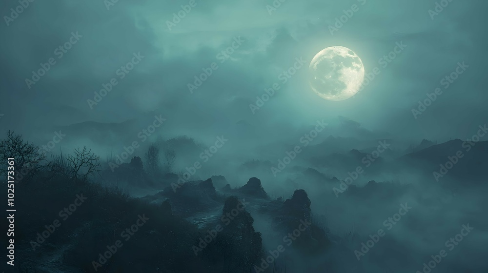 Glowing Moon Above Misty Hills
