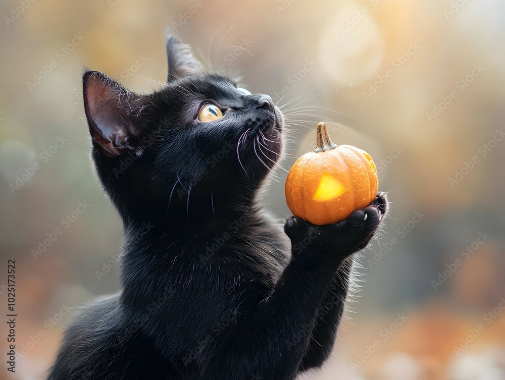 Friendly Black Cat Holding Tiny Glowing Pumpkin Friendly Black Cat Holding Tiny Glowing Pumpkin