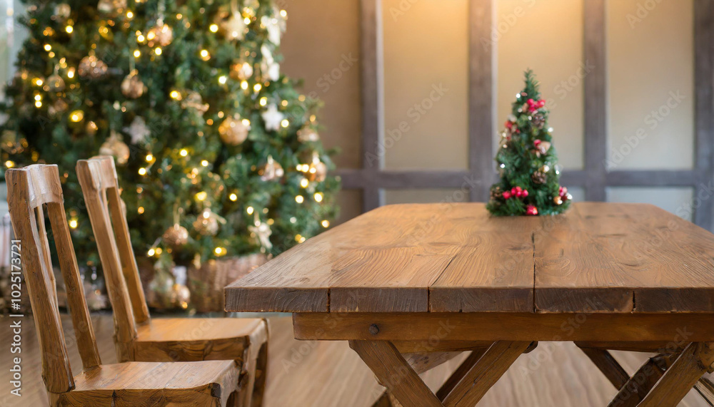 Festively decorated dining table with two wooden chairs beside a Christmas tree in a cozy indoor setting Festively decorated dining table with two wooden chairs beside a Christmas tree in a cozy indoor setting