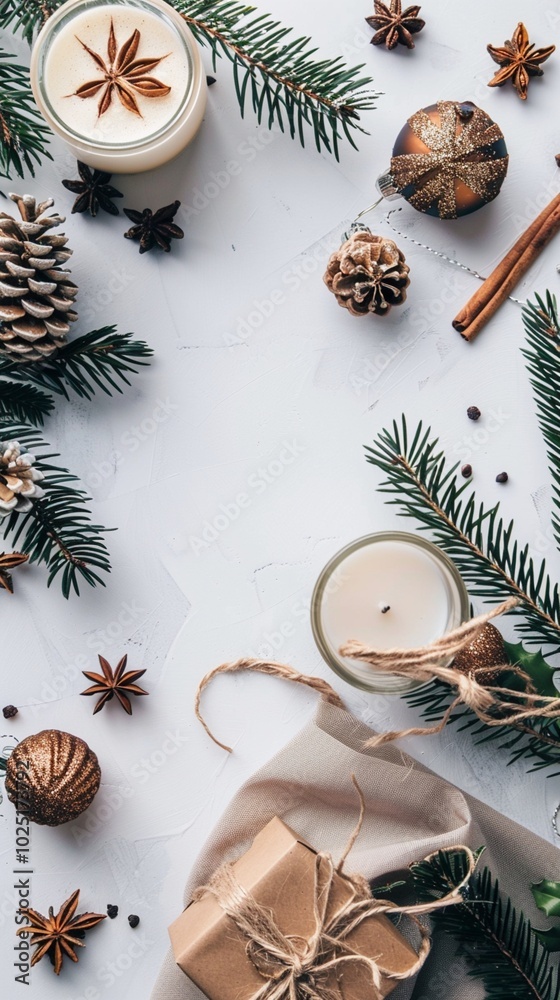 Festive winter composition with aromatic spices, pine branches, and wrapped gifts on white background, evoking cozy holiday atmosphere. Festive winter composition with aromatic spices, pine branches, and wrapped gifts on white background, evoking cozy holiday atmosphere.