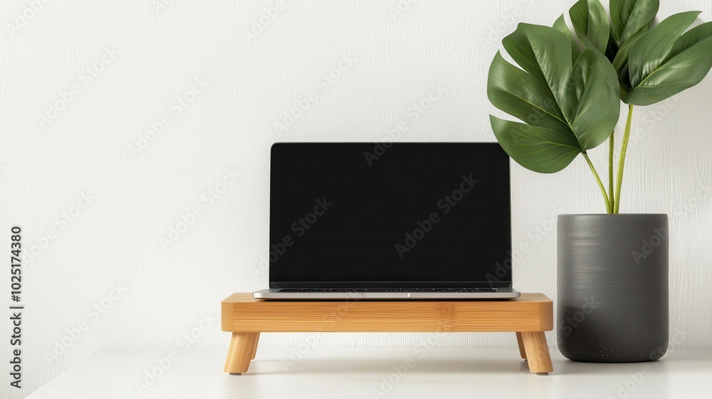 Laptop on wooden stand next to a green plant in a modern, minimalistic setup. Bamboo eco-friendly furniture concept Laptop on wooden stand next to a green plant in a modern, minimalistic setup. Bamboo eco-friendly furniture concept
