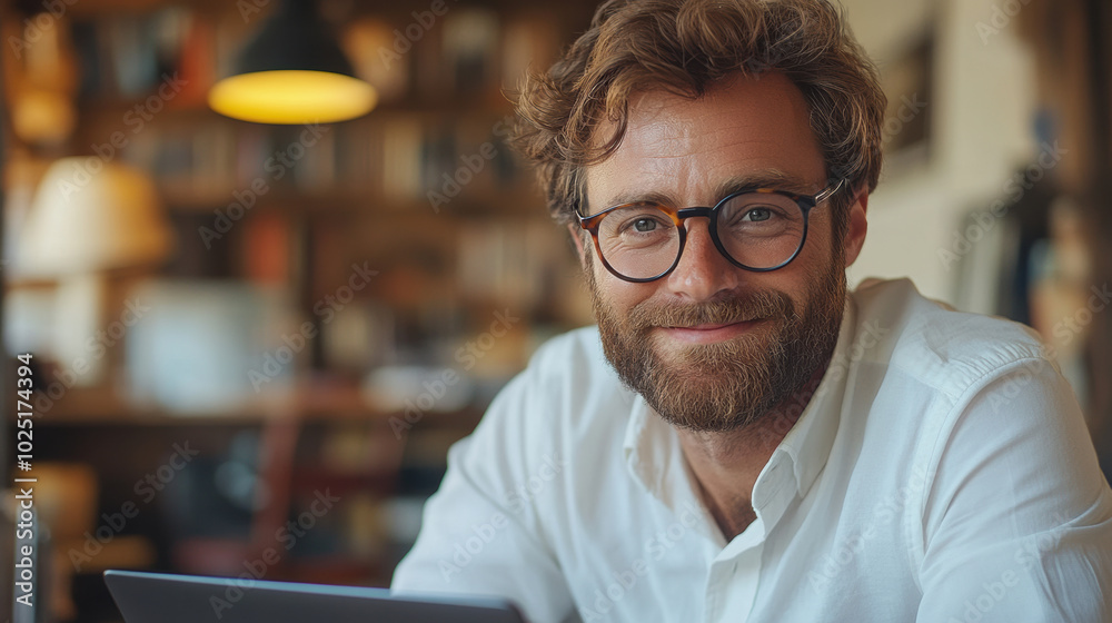 Smiling bearded man wearing glasses in cozy indoor space, modern lifestyle, relaxed atmosphere, happy casual mood, stylish individual, comfortable environment, personal setting Smiling bearded man wearing glasses in cozy indoor space, modern lifestyle, relaxed atmosphere, happy casual mood, stylish individual, comfortable environment, personal setting