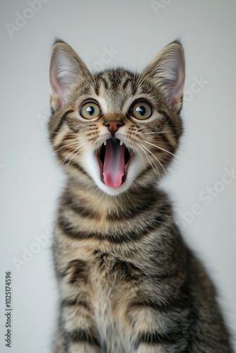 Front-view portrait of a surprised cat, isolated on a white background.